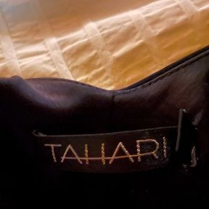 TAHARI full length dress in navy blue size 6. Satin top with cross cross back